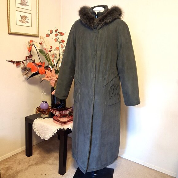 Preowned Utex Design Olive Green Warm Long Coat with Hood Windproof Outerwear - Picture 2 of 16